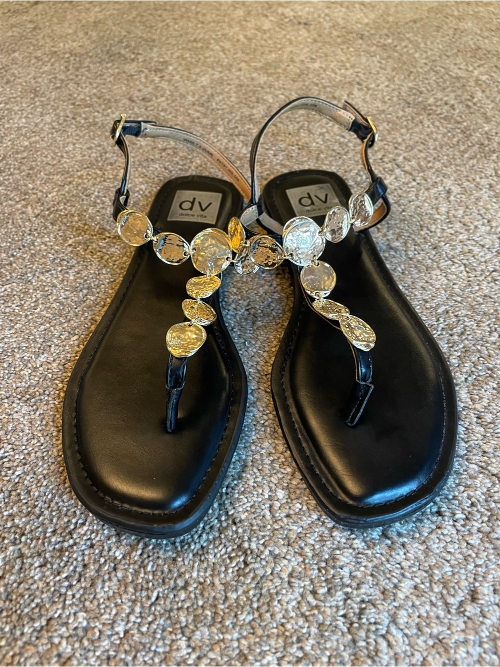 DV by Dolce Vita Black Sandals with Gold-Tone Disc Embellishments Sz. 7.5